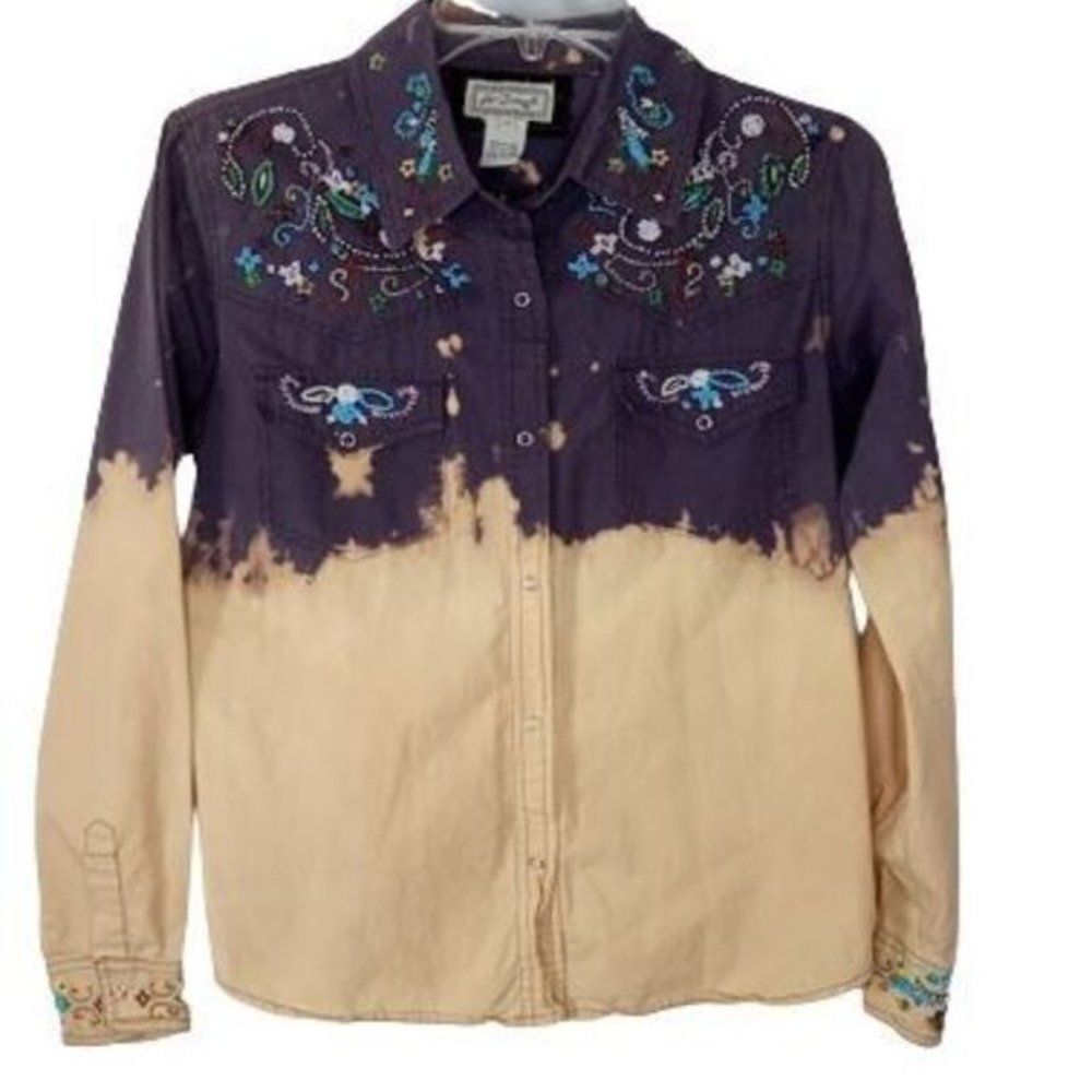 Vintage For Joseph Womens Southwest Bleached Out Beaded Pearl snap Western Shirt